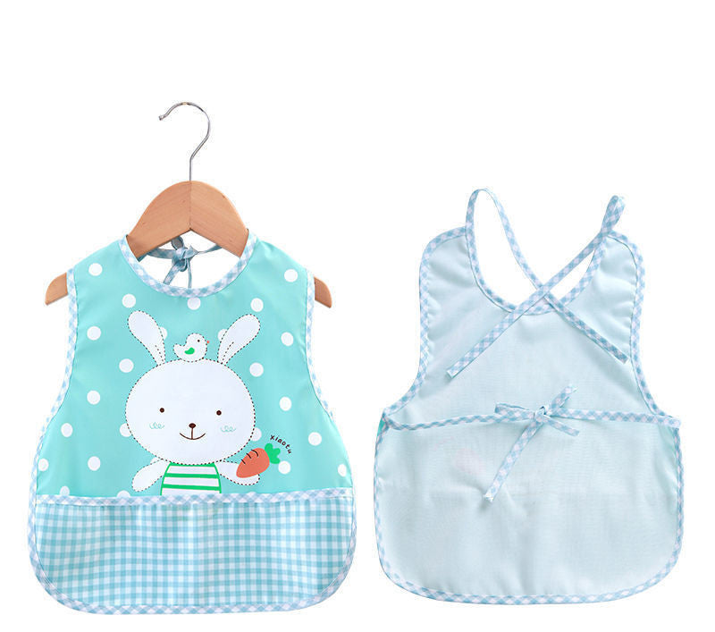 Baby bib with cartoon bunny design and light blue top on a white background