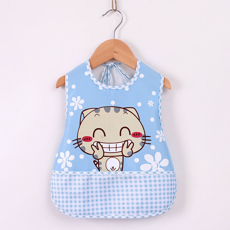Baby bib with cartoon cat design on a wooden hanger against a white background
