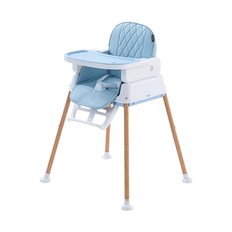 Blue and white high chair with wooden legs on a white background