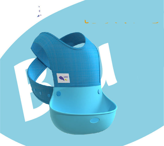 Blue baby carrier with a bib on a light blue background