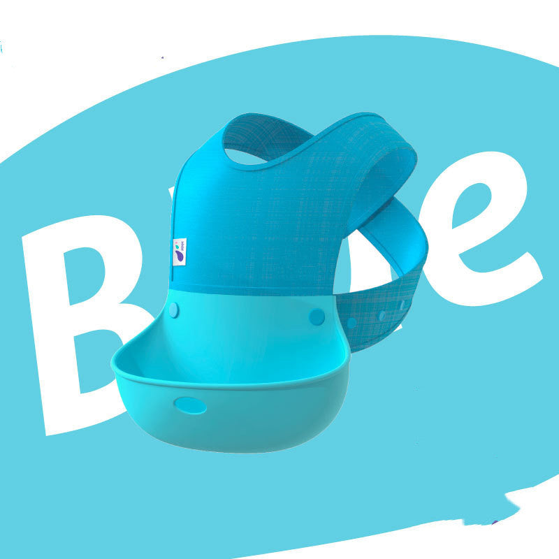Blue baby bib with brand logo on a light blue background