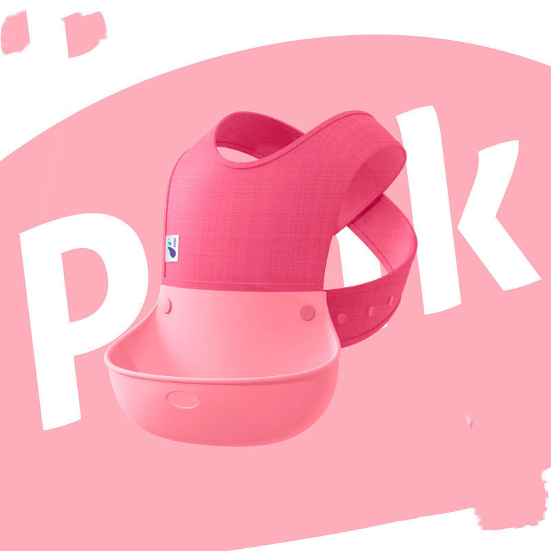 Pink baby bib with a brand logo on a pink background