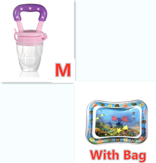 Baby pacifier with purple handle and pink base, and inflatable pool toy with underwater scene.