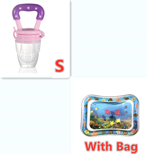 Baby pacifier with purple handle and pink base, and inflatable pool with underwater scene and fish.