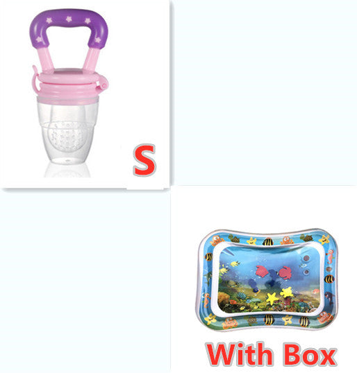 Baby pacifier with purple handle and pink base, next to an inflatable pool with underwater scene and colorful fish.