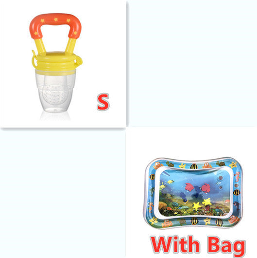 Baby pacifier with colorful handle and inflatable pool toy with underwater scene on a white background.