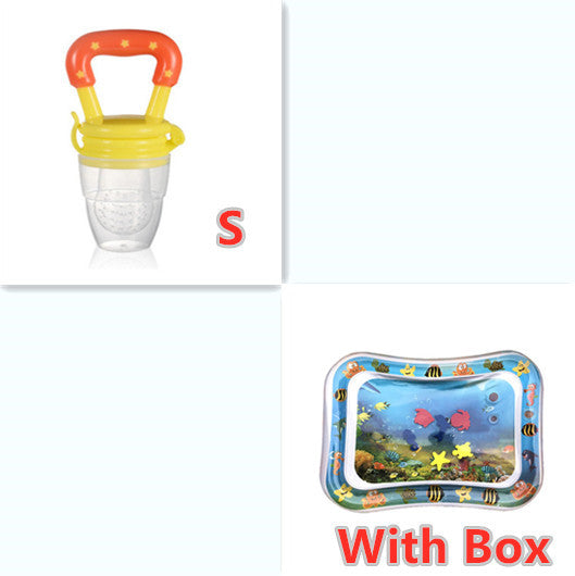 Baby pacifier with colorful handle and inflatable pool toy with fish design on a white background.