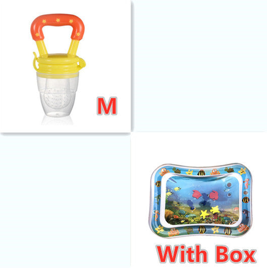 Baby fruit feeder with colorful handle and water play mat with fish design.