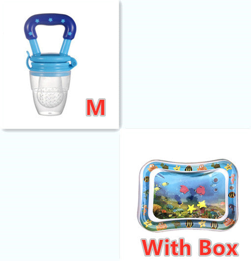 Baby pacifier with blue handle and clear body, next to an inflatable pool with fish design, on a white background.