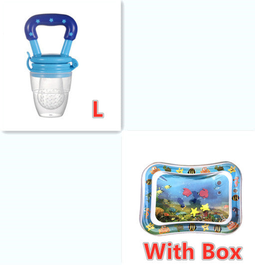 Baby pacifier with blue handle and clear body, next to an inflatable pool with fish design, on a white background.