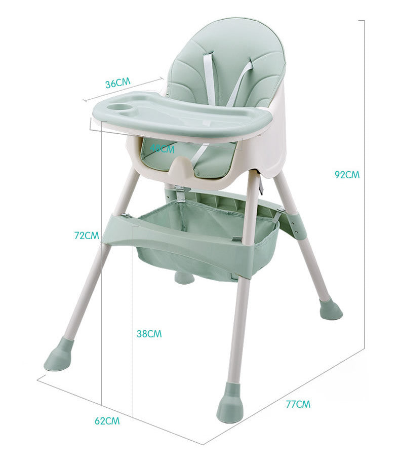 Green baby high chair with dimensions on a white background