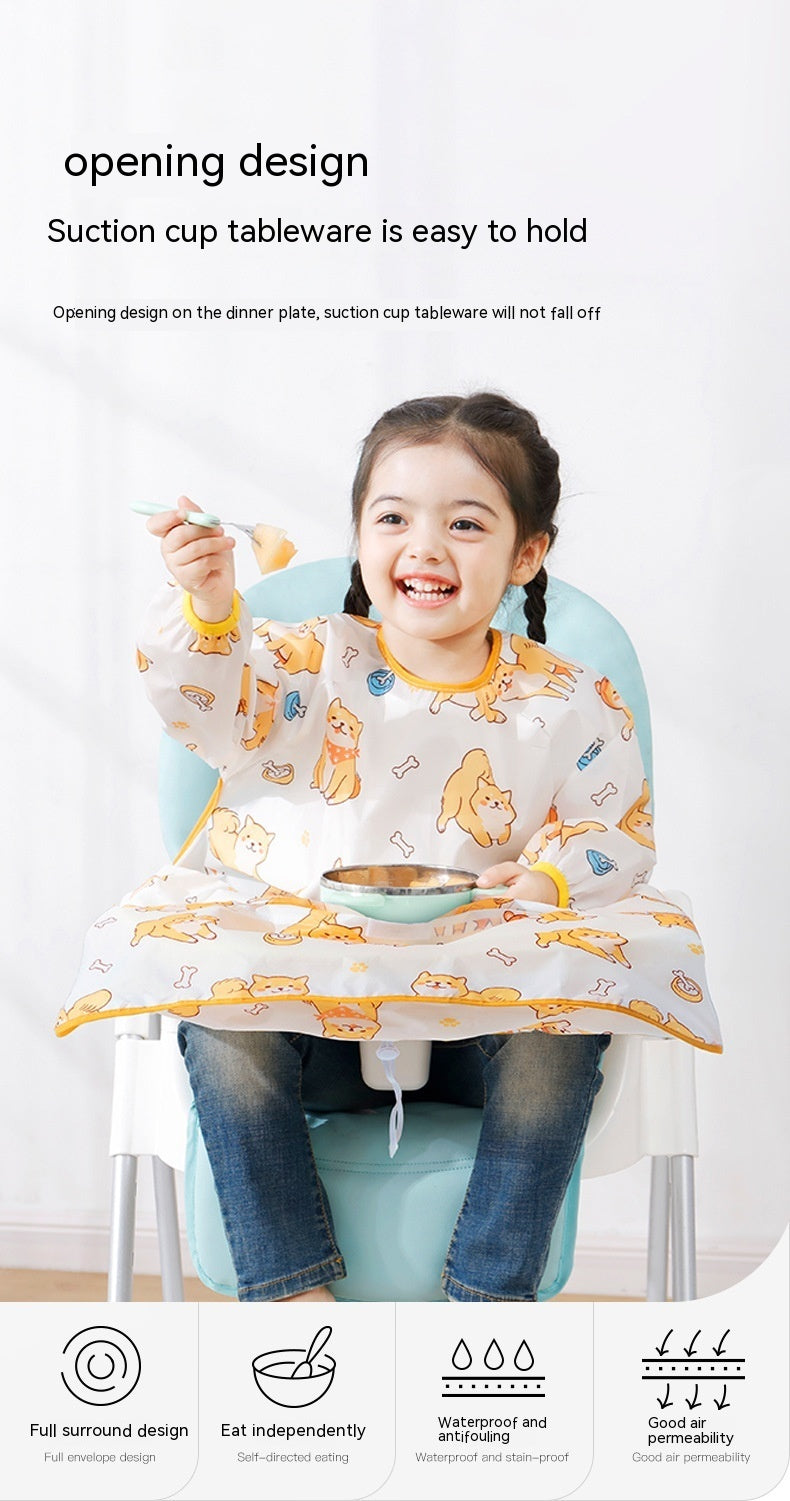 Child using a high chair with a bib and plate set, featuring a suction cup design.