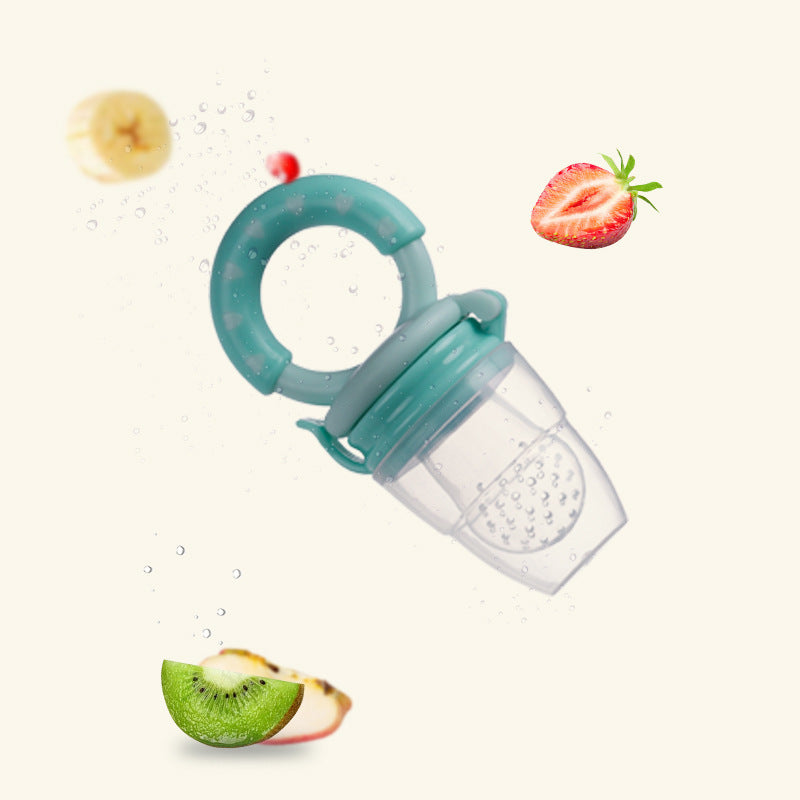 Teal fruit feeder with fruits on a white background