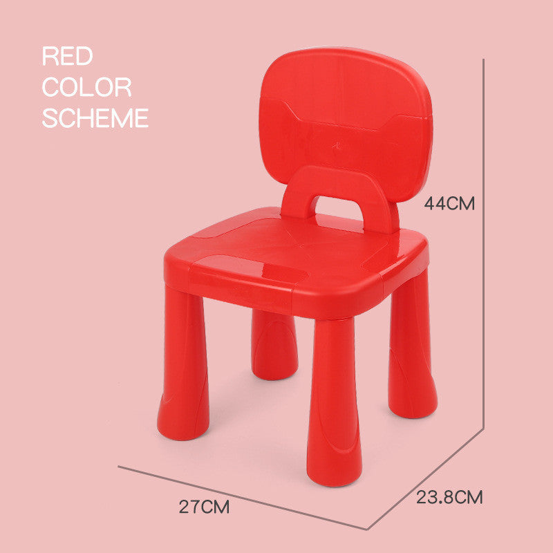 Red children's chair with dimensions on a pink background
