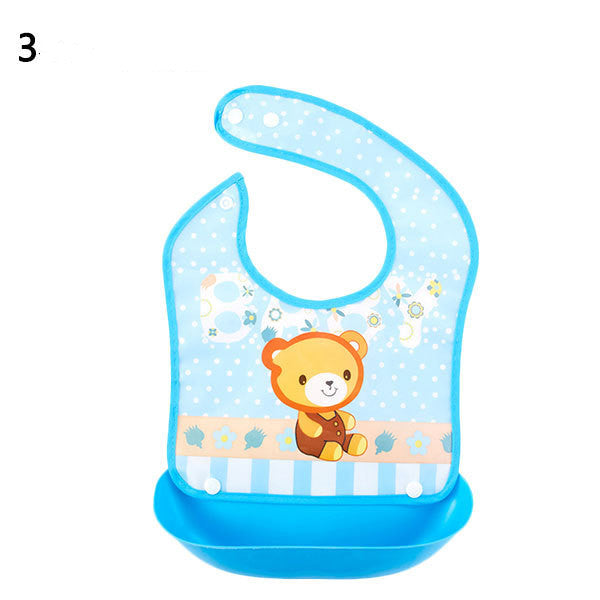 Baby bib with a cartoon bear design on a white background