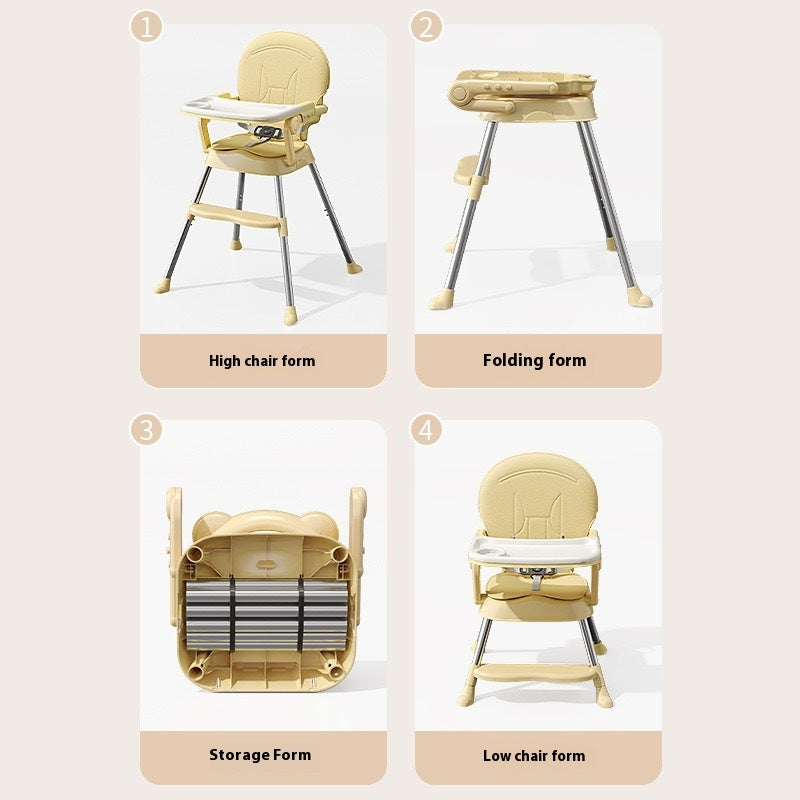 Collapsible high chair shown in four different forms on a white background