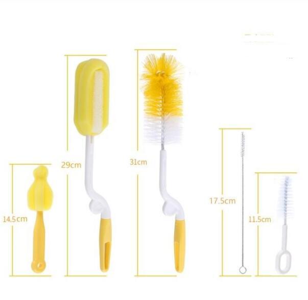 Yellow bottle cleaning brush set with measurements on a white background