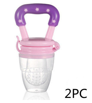 Purple and pink baby fruit feeder with a handle on a white background
