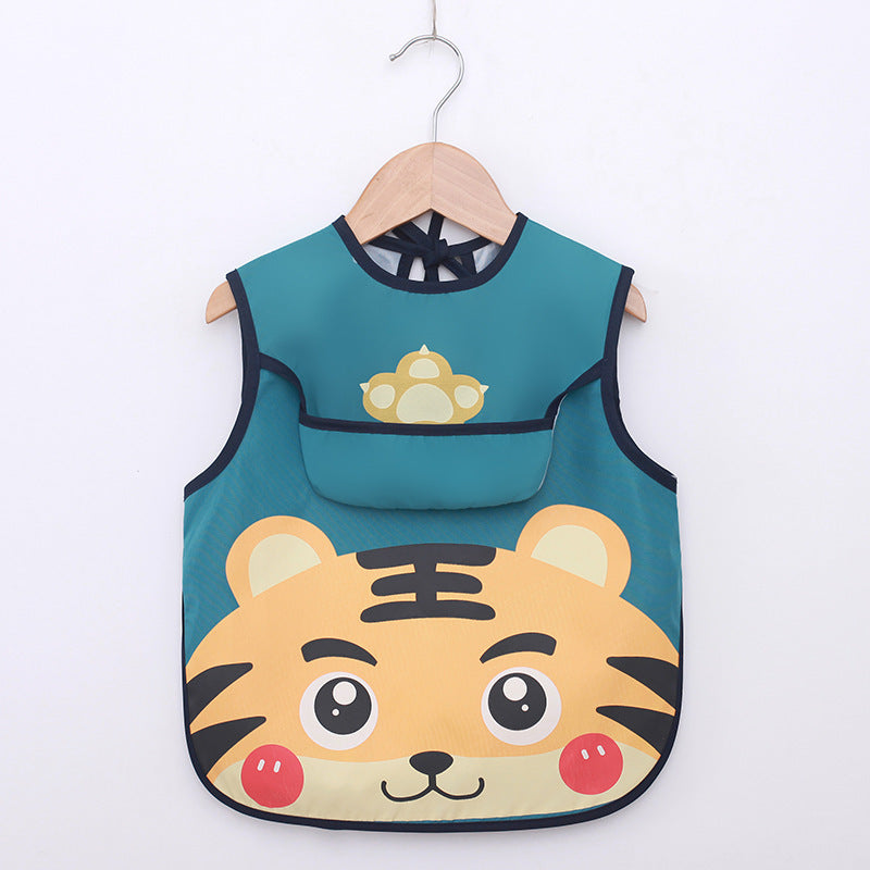 Children's bib with tiger design on a hanger against a white background