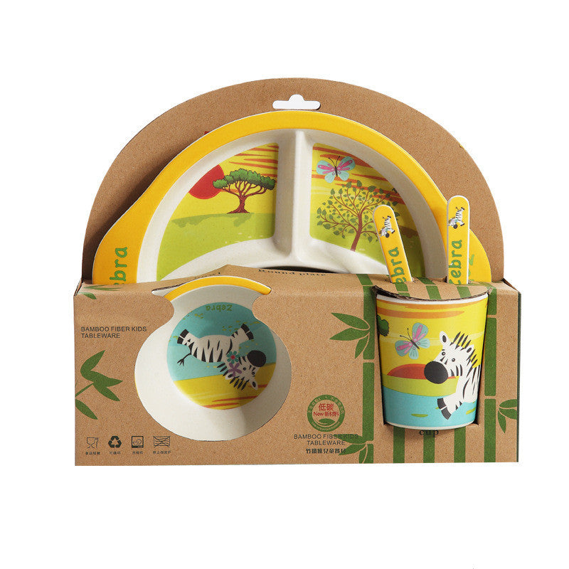 Children's tableware set with plate, cup, and bowl in a cardboard packaging featuring animal illustrations.