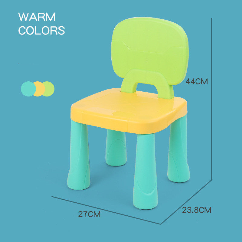 Children's chair with green backrest and teal legs on a blue background