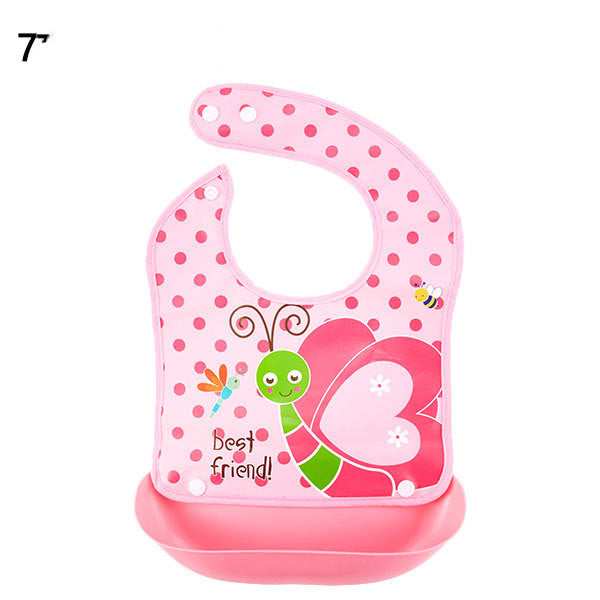 Pink baby bib with butterfly design on a white background