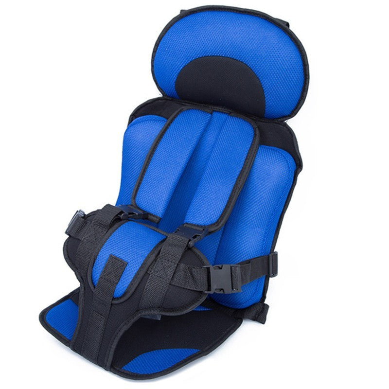 Blue and black child safety seat on a white background