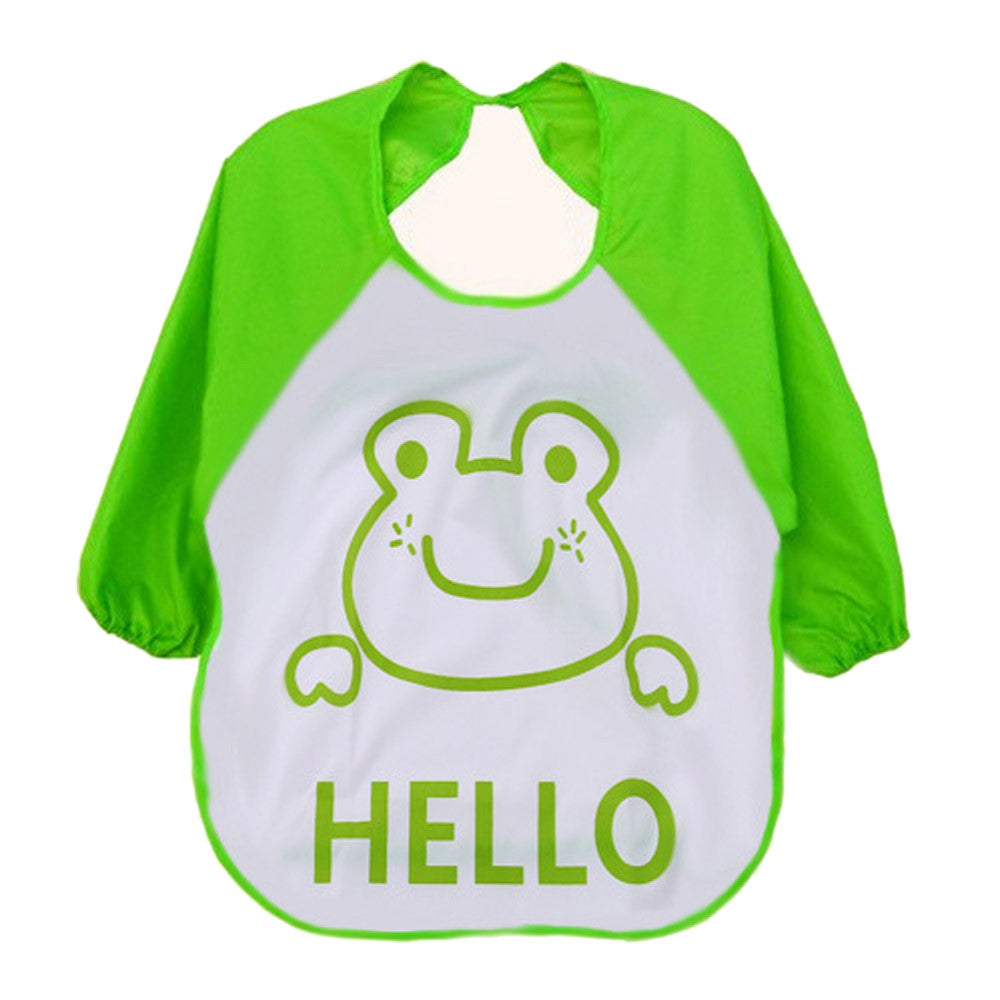 Green and white bib with a frog design and 'HELLO' text on a white background