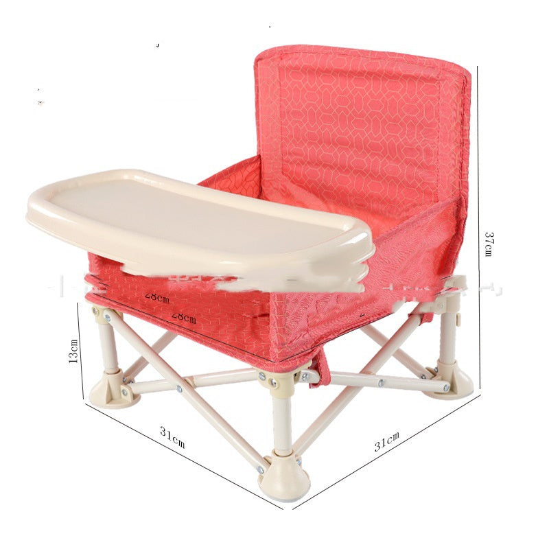 Red baby high chair with beige tray and dimensions on a white background