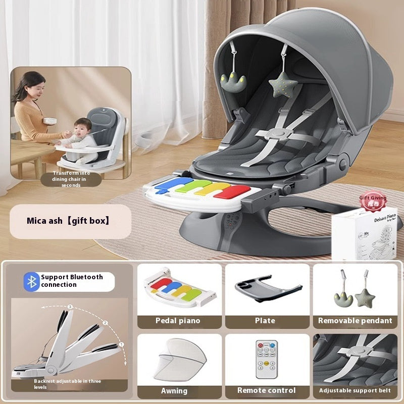 Baby seat with various features and accessories on a wooden floor.