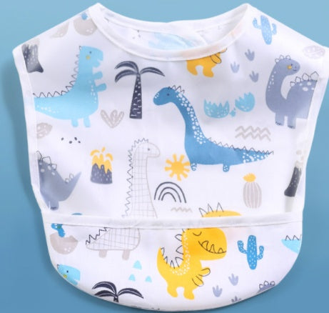 Baby bib with dinosaur pattern on a blue background