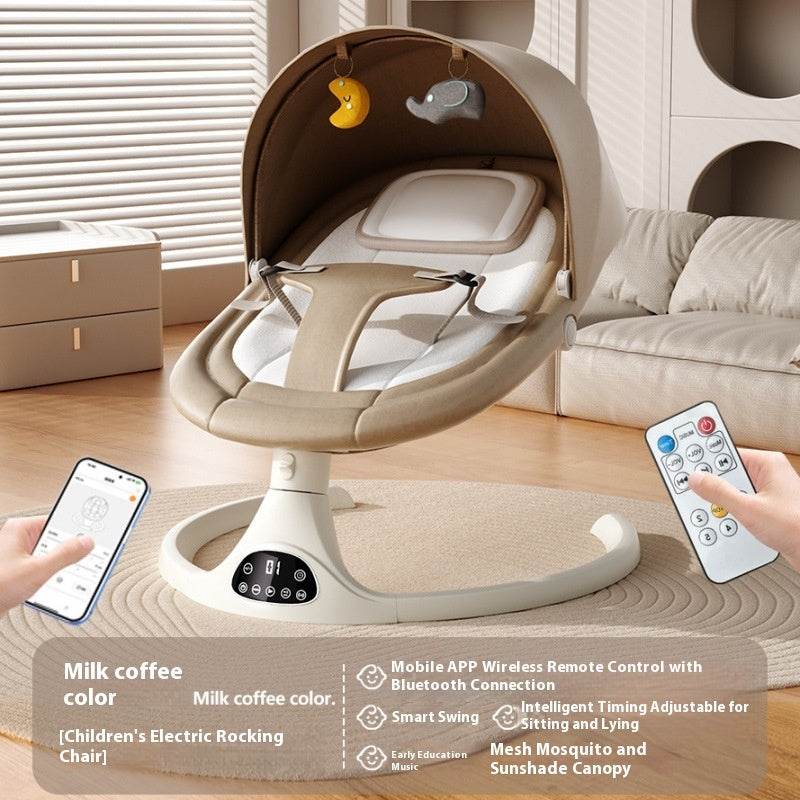 Children's electric rocking chair with remote control and smartphone app in a living room setting.