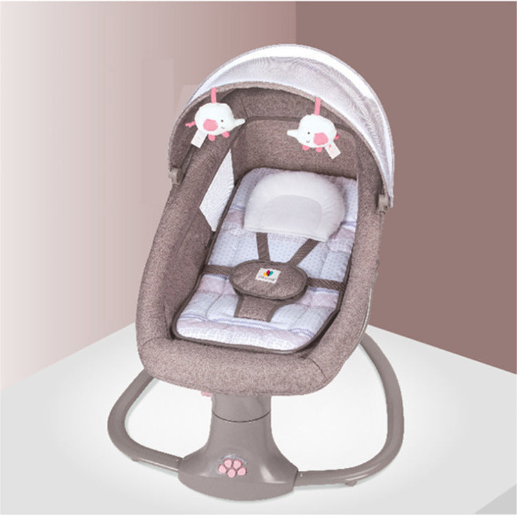 Baby swing with gray and white design on a white surface