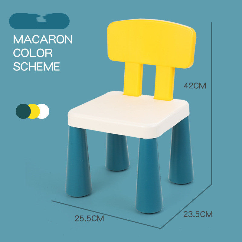 Children's chair with yellow backrest and blue legs on a blue background, featuring a macaron color scheme.