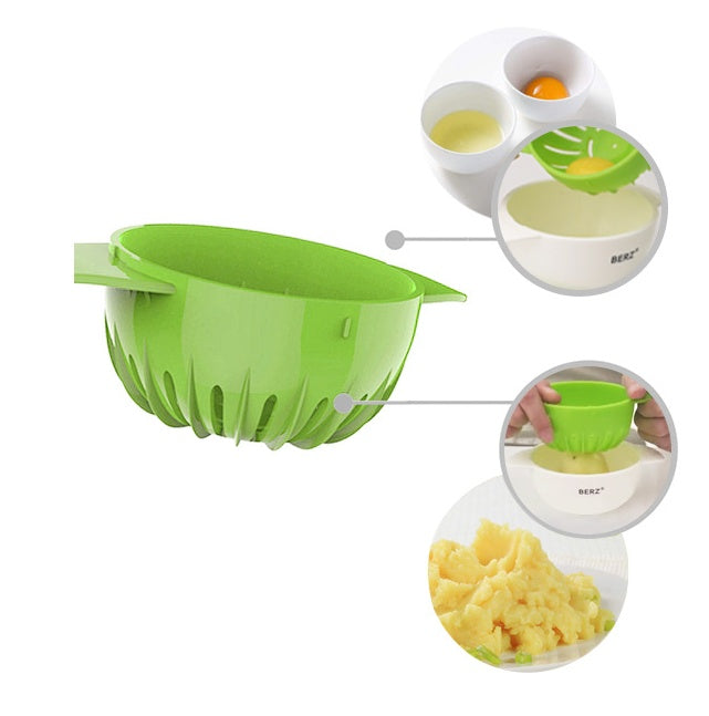 Green kitchen tool with white bowls and food illustrations on a white background