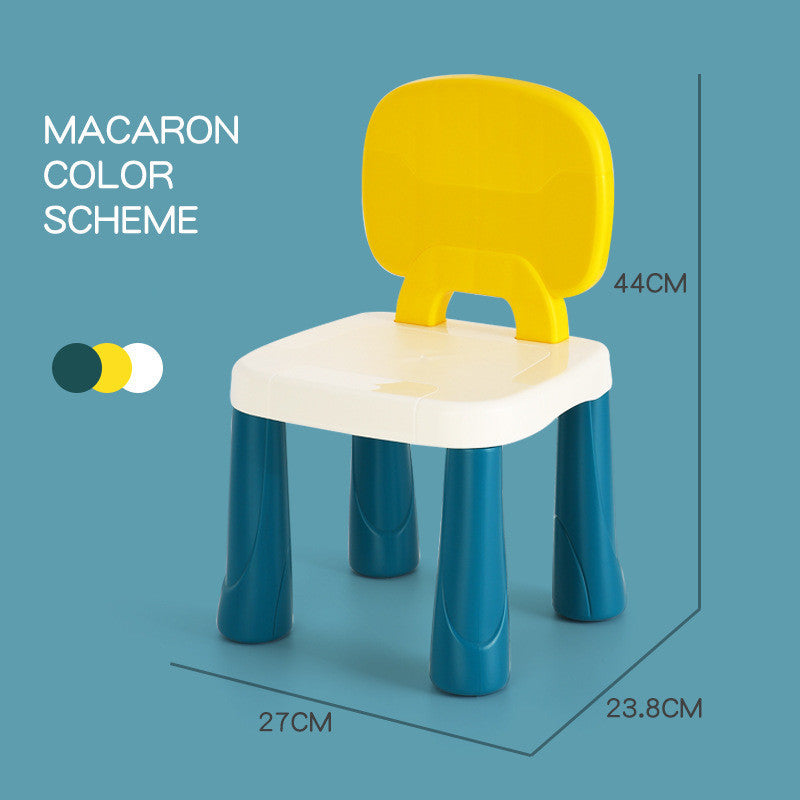 Children's chair with yellow backrest and blue legs on a blue background, showing dimensions.