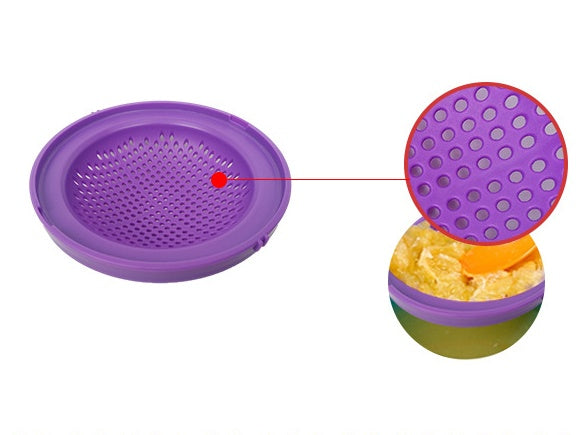 Purple silicone lid with a mesh top and a container underneath filled with food.