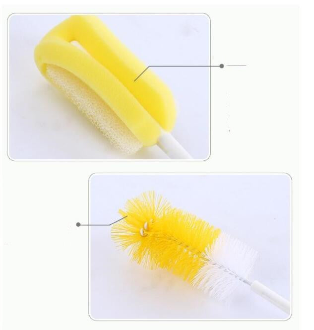 Yellow bottle cleaning brush with close-up details on a white background