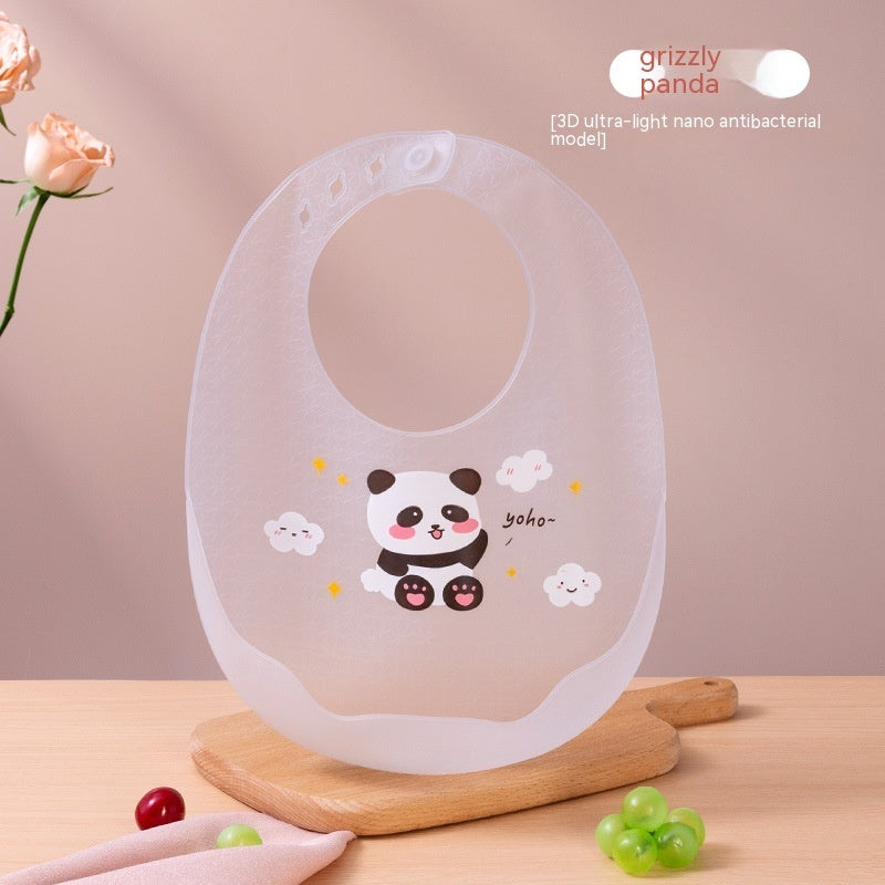 Transparent bib with a panda design on a wooden stand against a beige background