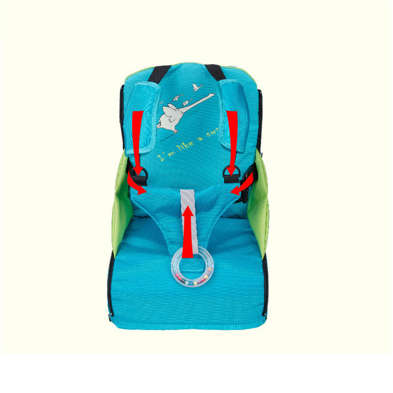 Children's blue backpack with green accents on a white background