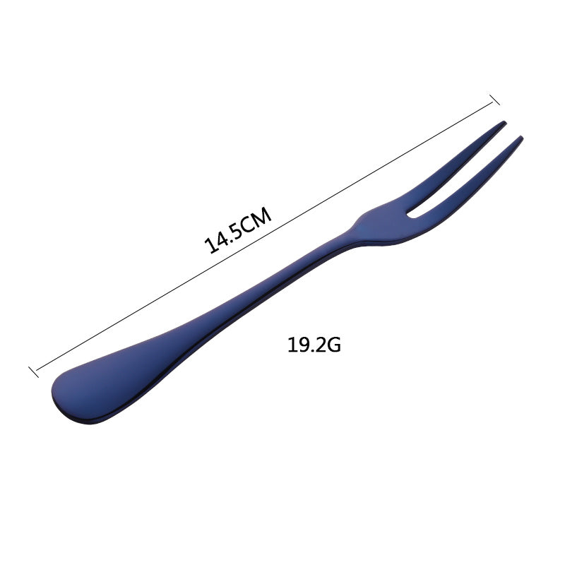 Blue fork with measurements on a white background