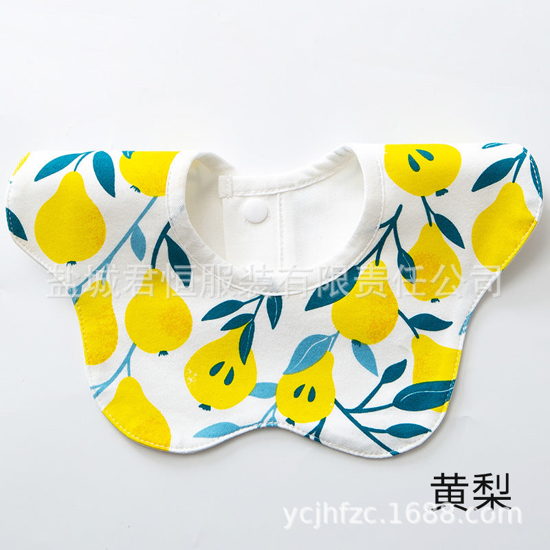 Baby bib with yellow pear pattern on a white background