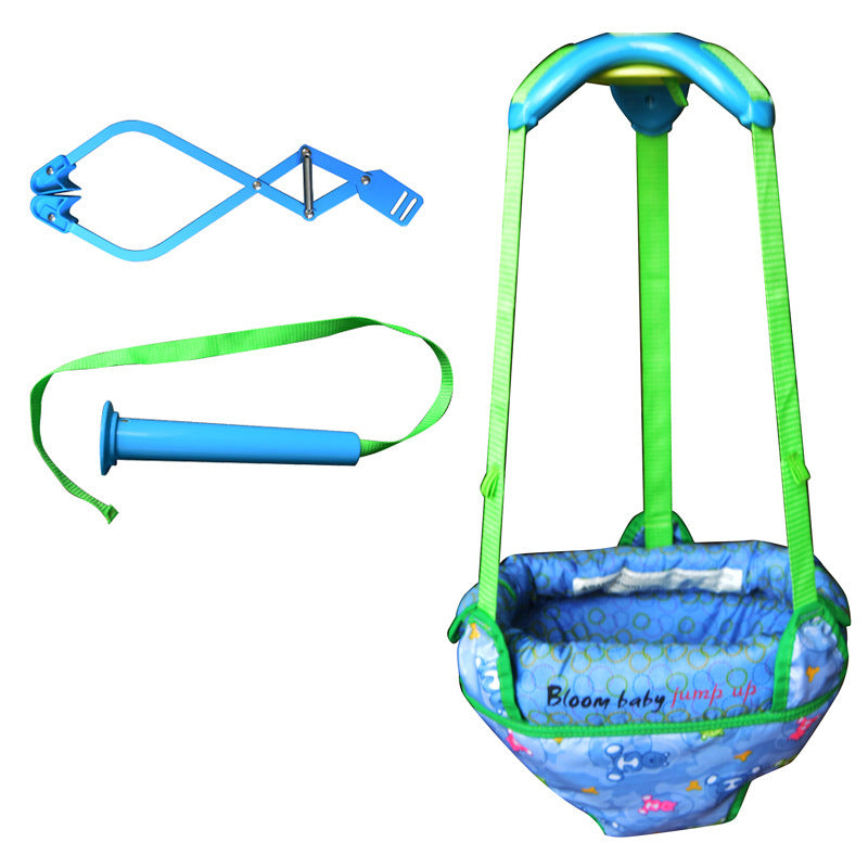Baby bouncer with blue and green straps on a white background