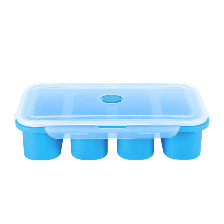 Blue ice cube tray with lid on a white background