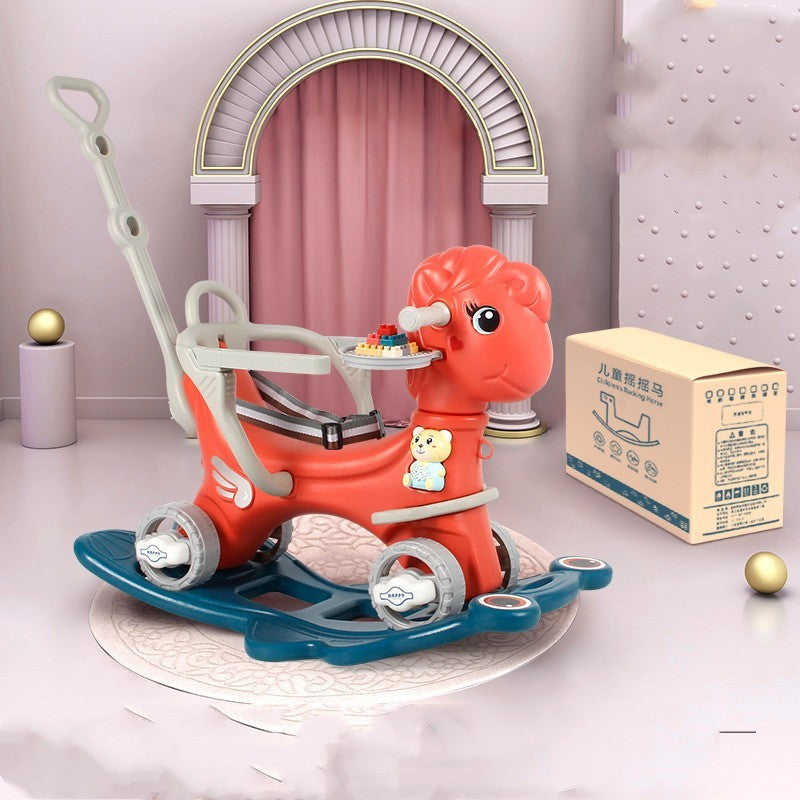 Red and blue rocking horse toy with a box in a decorative room