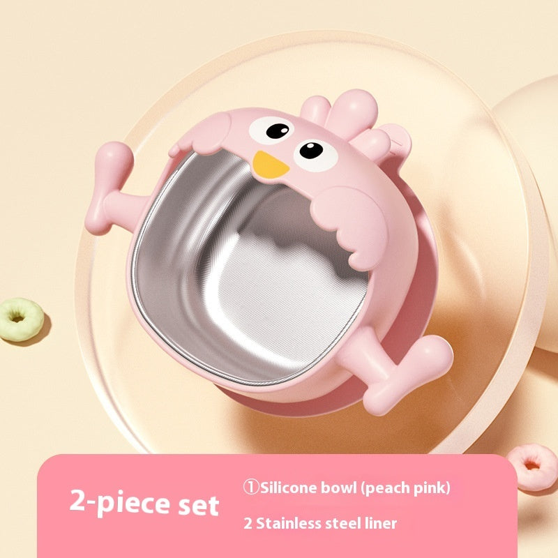 Pink silicone bowl with stainless steel liner on a light pink background