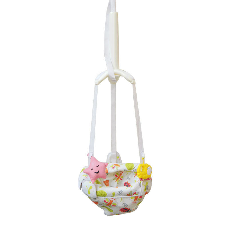 Small fabric bag with colorful patterns and a pink character on a white background