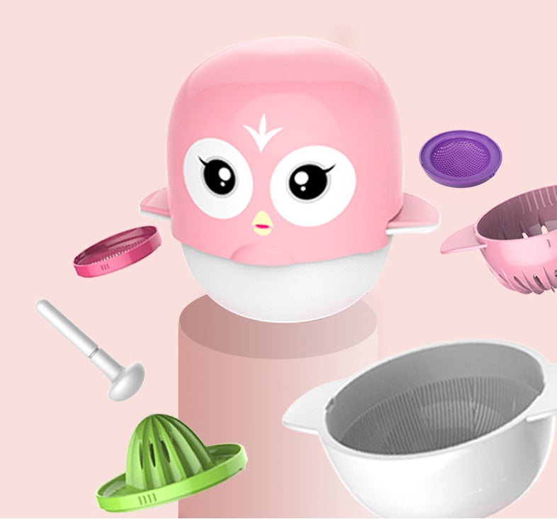 Pink cartoon-like kitchen tool with detachable parts on a pink background