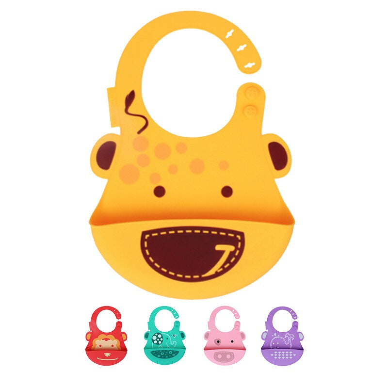 Yellow baby bib with animal design and four smaller colorful bibs on a white background