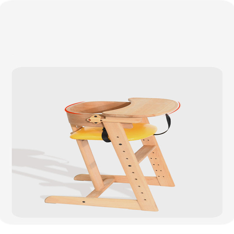 Wooden high chair with yellow seat on a white background